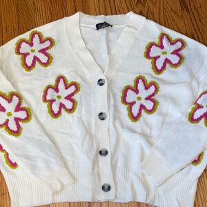 Chic Cream Cardigan with Pink and Yellow Floral Design